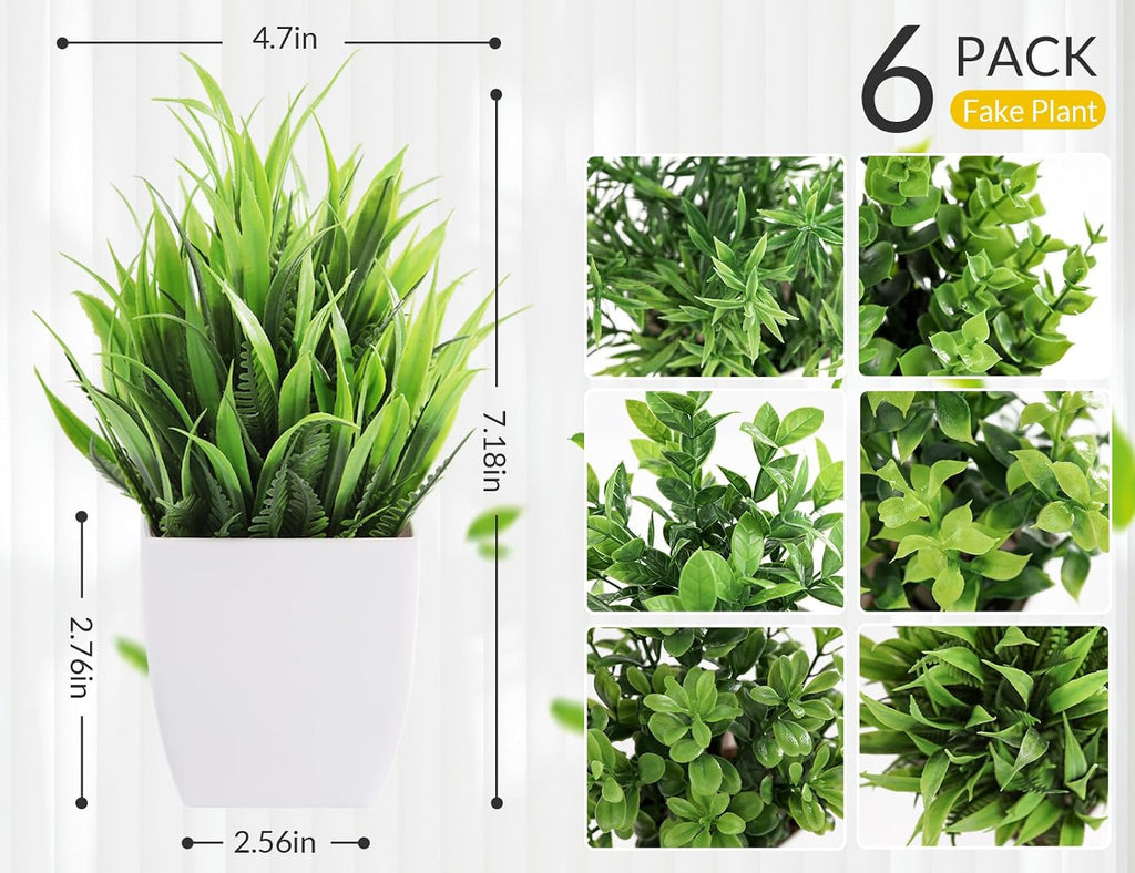 Der Rose 6 Pack Small Potted Fake Plants for Bathroom Home Decor Indoor
