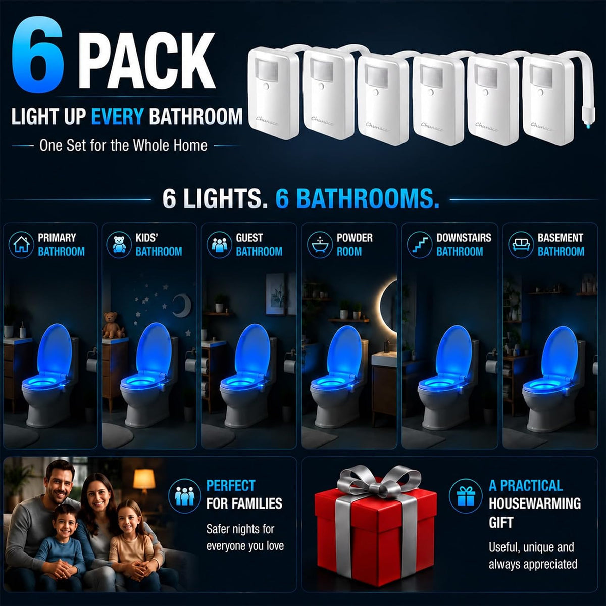 Chunace Toilet Bowl Night Lights Motion Detection 6Pack, Family Value Set