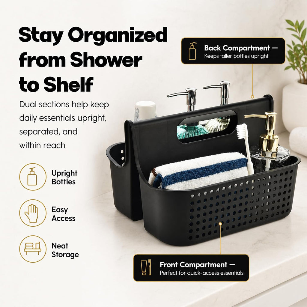 Haundry Portable Shower Caddy Basket, 2 Compartments Plastic Cleaning Caddy Organizer, Large Storage Tote with Handle for Bathroom, College, Dorm Room Essentials, Black