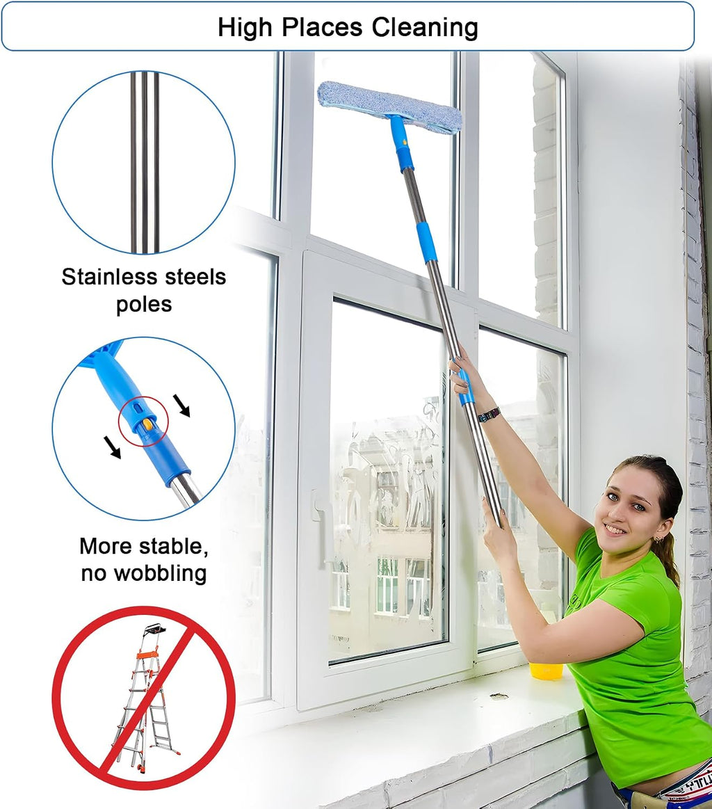 Window Squeegee Cleaner with 4 Stainless Steel Extension Poles, 58inch Long Reach, Scrubber, Glass Scraper, Bendable Duster, 2 Scrubber Cloth for Window, Car, Professional Cleaning Kit