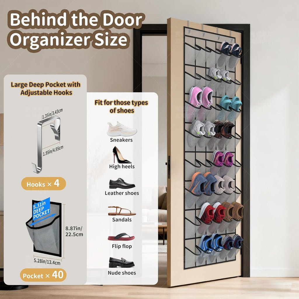 Over the Door Shoe Organizer with 40 Large Pockets, Multi-Purpose Storage for Shoe and Accessories, Durable Fabric with Adjustable Hooks for Home Closet Bedroom Entryway-Grey