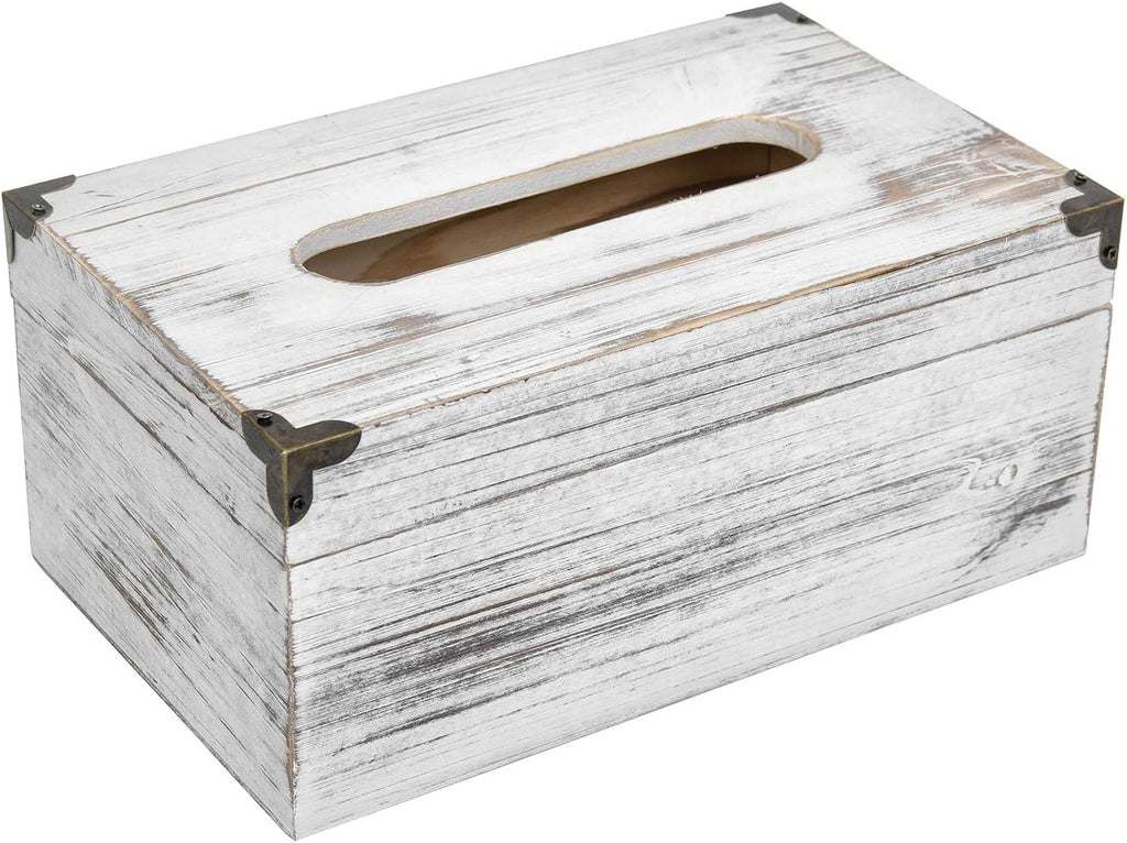 Distressed Wooden Rustic Facial Tissue Box Holder Tissue Box Cover Napkin Dispenser for Bathroom Living Room Dining Room Bedroom Toilet (Washed White)