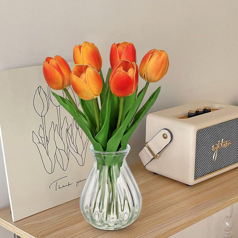 Fall Artificial Tulips Flowers in Glass Vase - 6 Pcs Faux Flowers in Vase with Faux Water 12.5" Orange & Yelow Ombre Fake Tulips Bouquet Floral Arrangement Centerpiece for Living Room Table Home Decor
