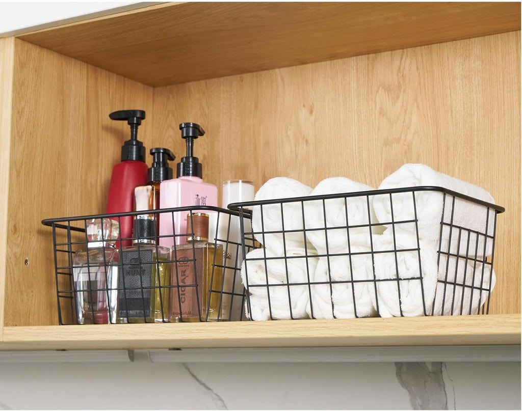 JUNCHU CHERRY Wire Kitchen Storage Basket 4 Packs,Perfect Pantry Organization Accessories Baskets,Laundry Basket,Countertop Organization,Suitable for Kitchen,Bathroom,Bedroom,Tabletop,Rose gold