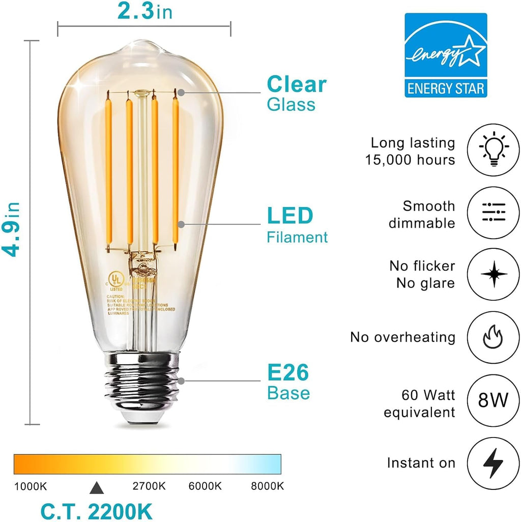 TJOY ST58 LED Edison Bulbs, E26, 8W 60W Equivalent, 2200K, Dimmable