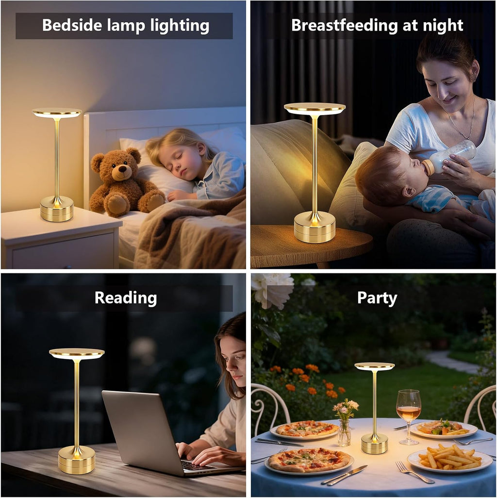 Small Table Lamp, Portable Metal Table Lamp, Cordless Rechargeable Table Lamp , 3 Color Stepless Dimmable Atmosphere Table Lamps for Patio, Camping, Coffee table decor lamp for Indoor/Outdoor（Gold)
