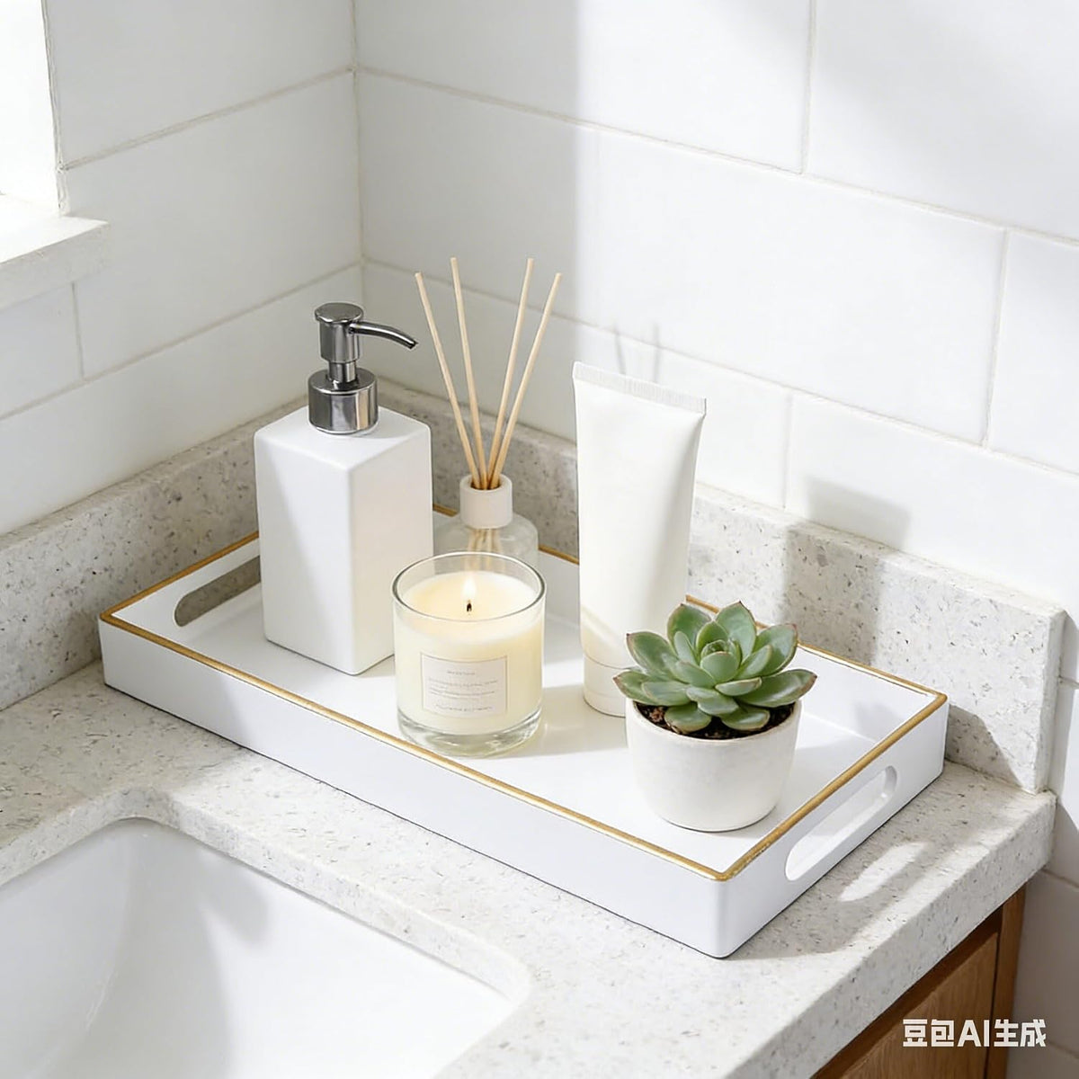 White Rectangular Bathroom Vanity Tray,14 Inch Countertop Storage Organizer