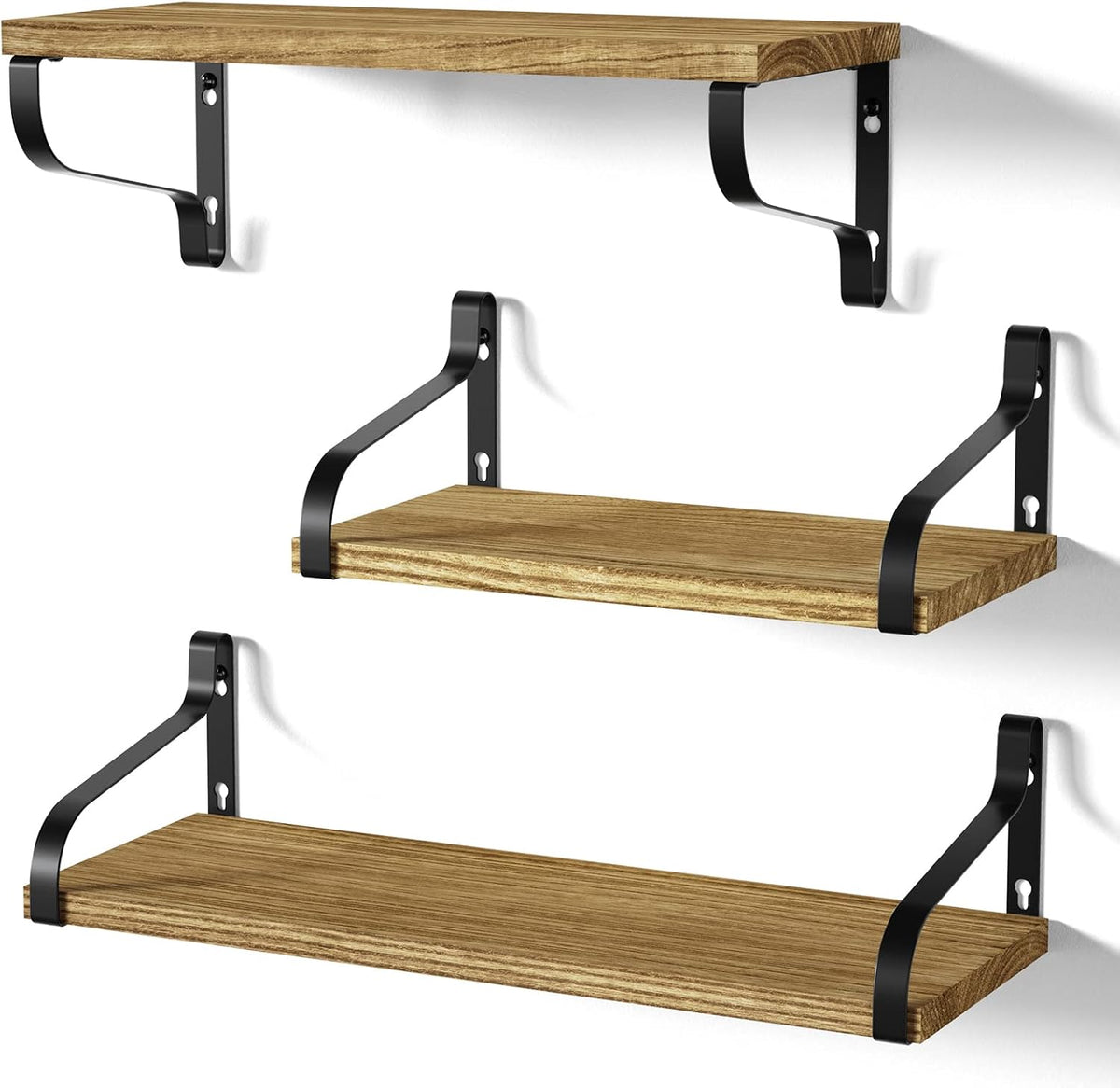 Love-KANKEI Large Floating Wall Shelves,Set of 3,Wood,Carbonized Black