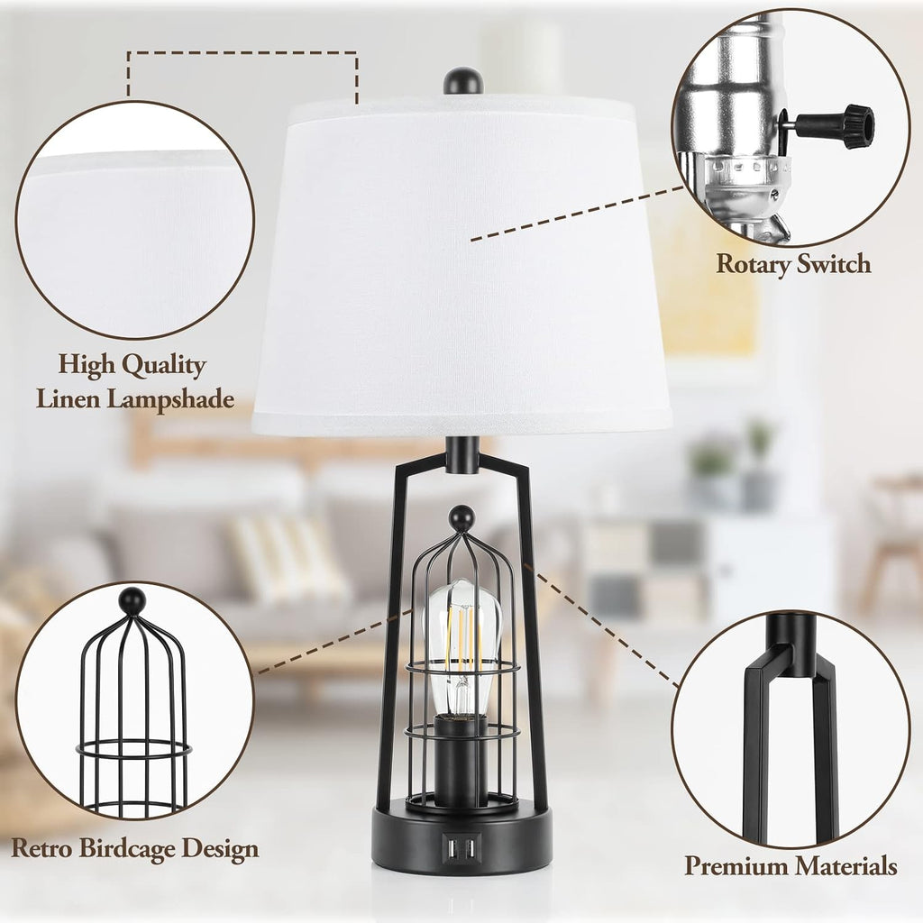 Farmhouse Table Lamps with 2 USB Ports, Set of 2 Rustic Industrial Desk Lamp for Living Room, 2-Light Black Bedside Lamp, Bedroom Nightstand Lamp with White Lampshade for House Decor, Reading