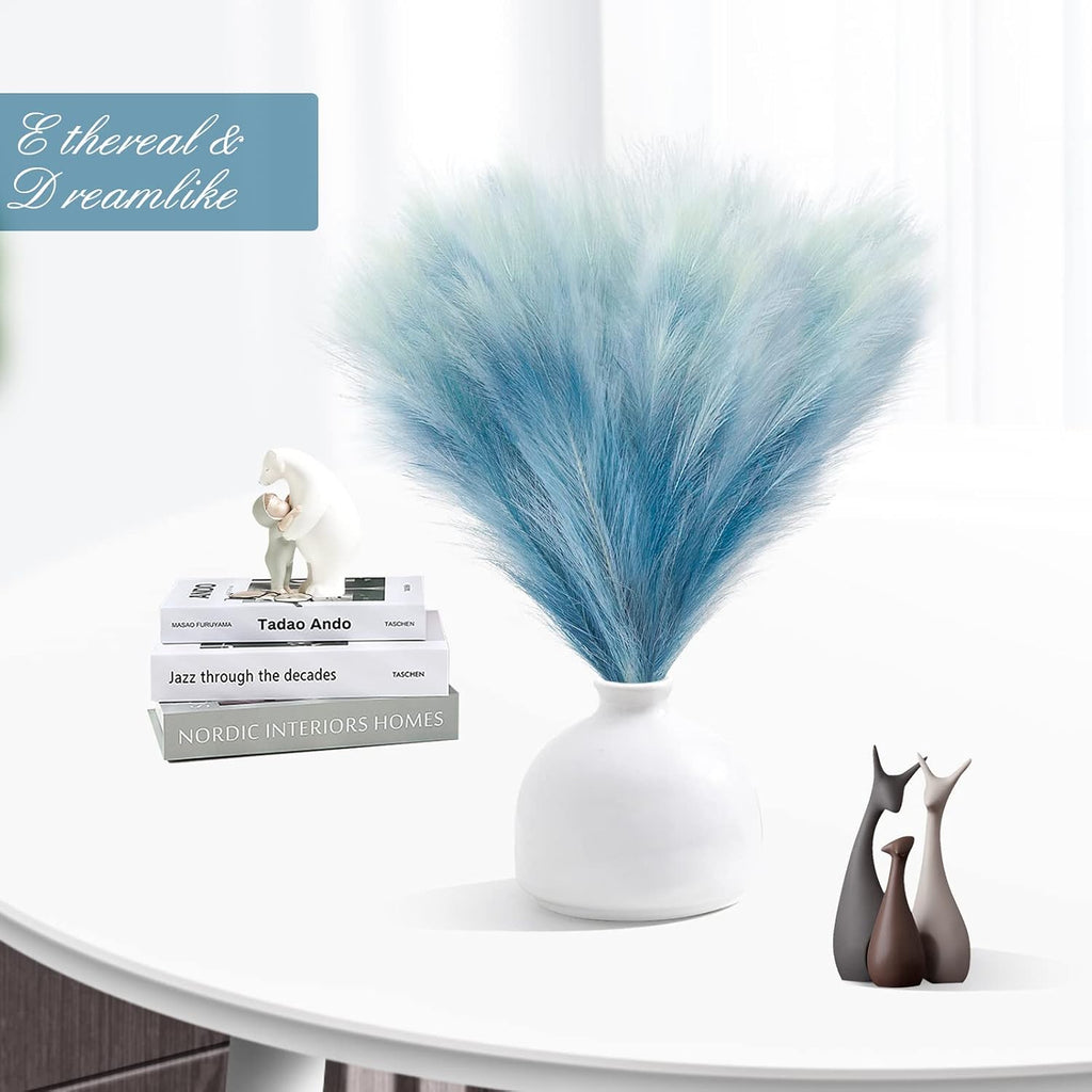 KALYLOC 8Pcs Blue Faux Pampas Grass Short Artificial Pampas Grass Plants
