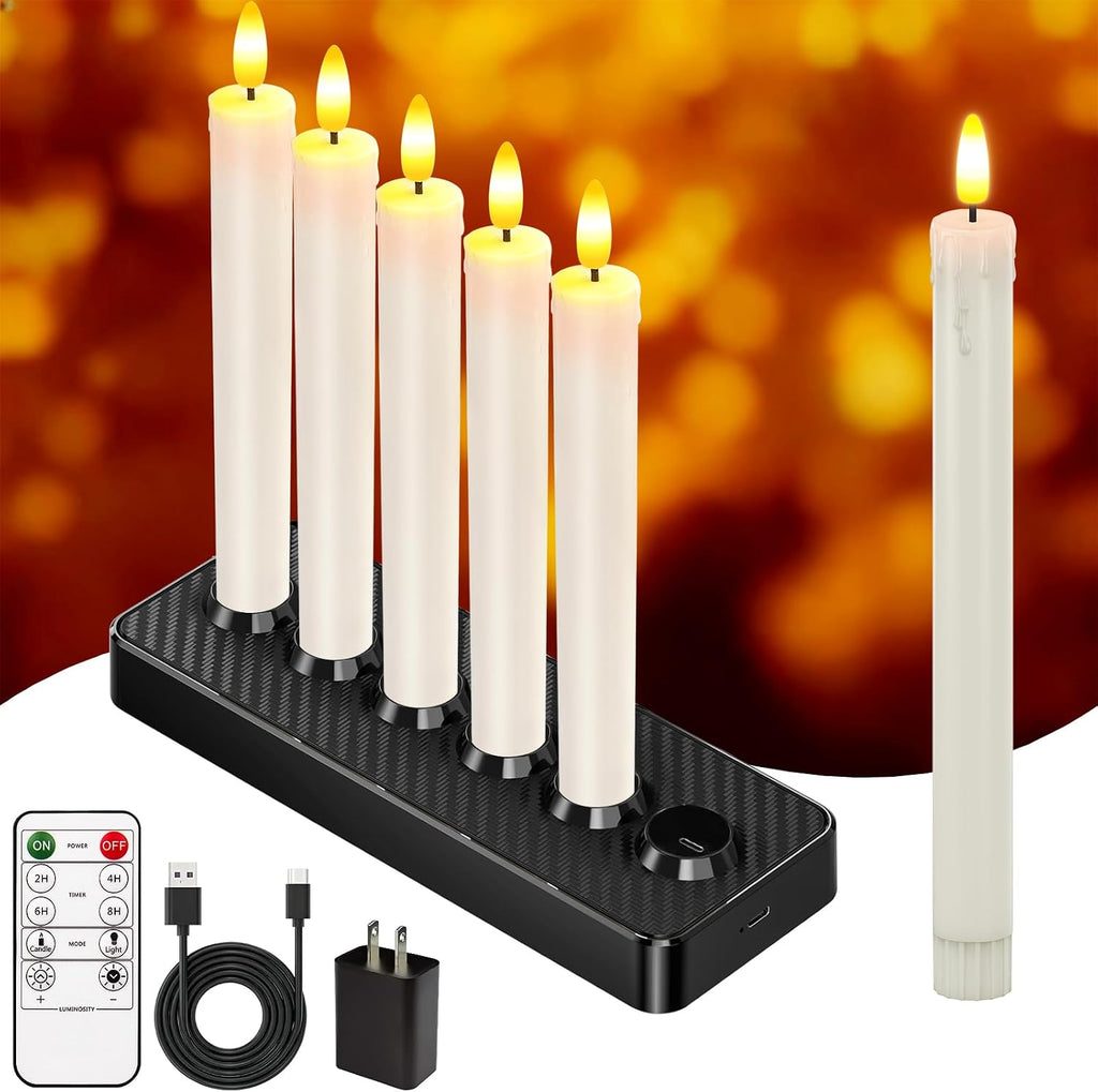 HL Rechargeable Flameless Taper Candles with Charging Base, 6 Pack