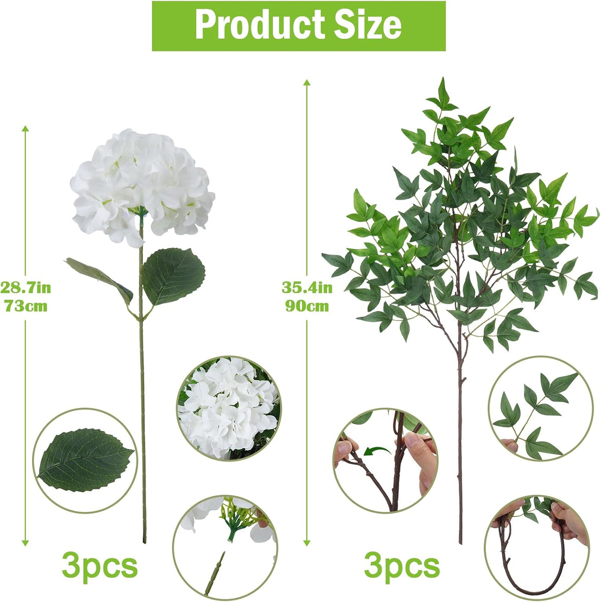 6pcs White Hydrangea Artificial Flowers & Faux Greenery 35in