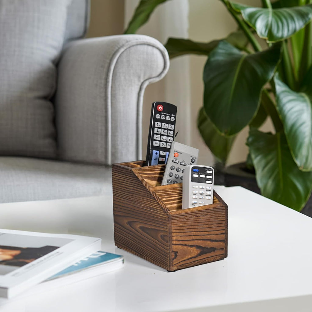 Wooden TV Remote Control Holder, 3-Slot TV Remote Caddy (Brown)