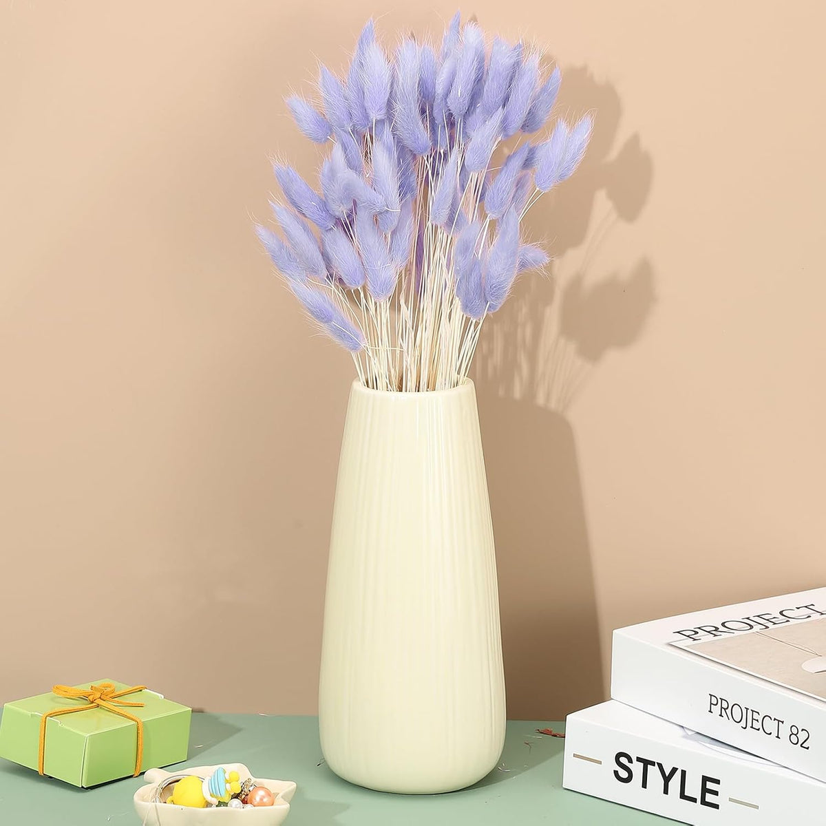 PATIKIL 15.7in Bunny Tails Dried Flowers, 120pcs Pampas Grass Decor Rabbit Tail Natural Pampas Grass Bulk Fluffy Faux Pampas Grass Dried for Home Boho Decor Vase Wedding Table, Purple