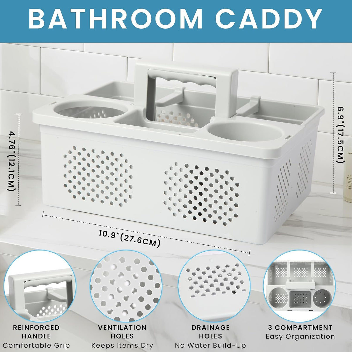 KMV Portable Shower Caddy Dorm: Features handles and adjustable compartments，Ventilation and Drainage Hole Design Cleaning Basket，ideal for toiletries， Essential for college dorms-gray