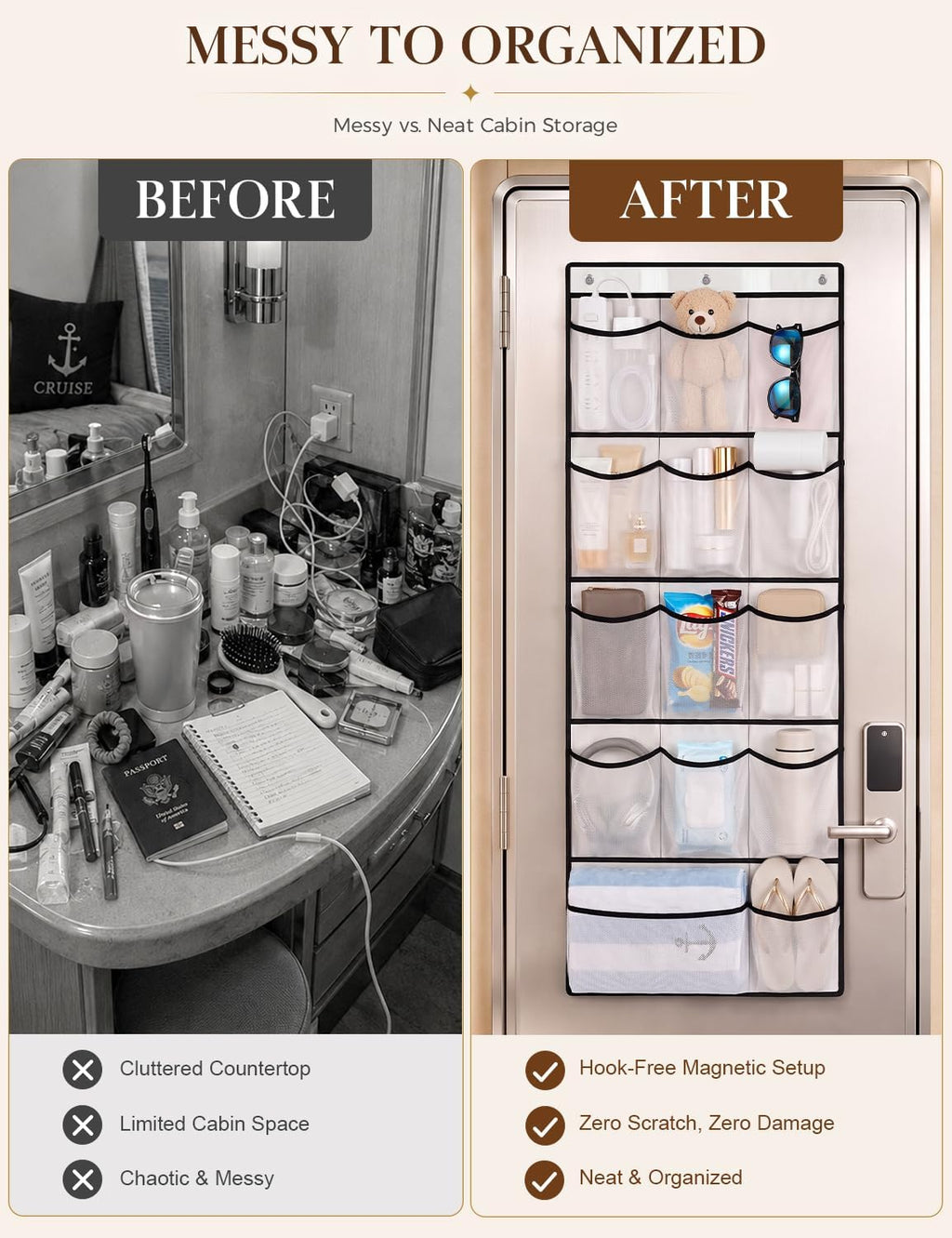 Magnetic Cruise Door Organizer,Over The Door Shoe Organizer,14 Mesh Pockets