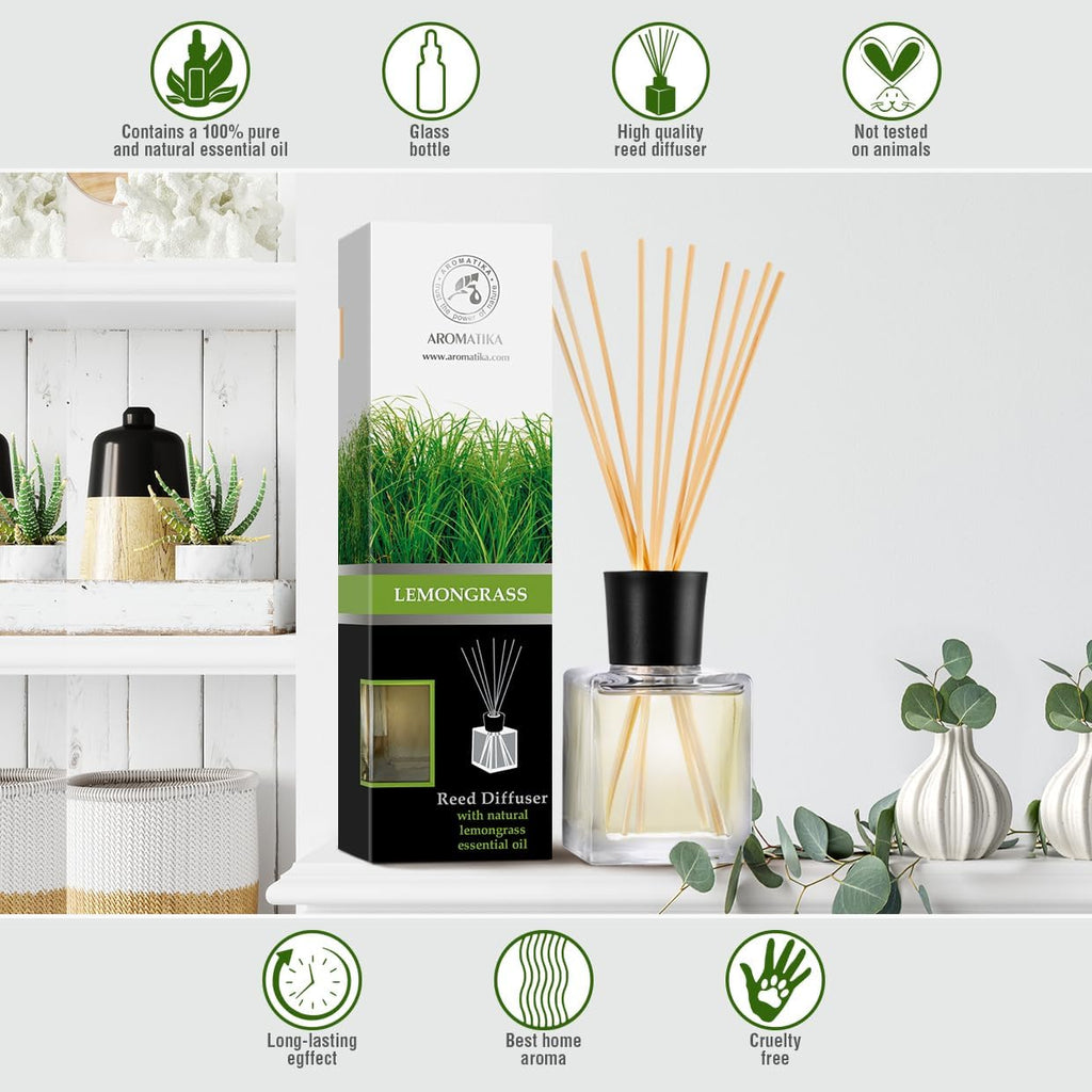 Room Fragrance Diffuser Lemongrass 6.8 Fl Oz - 200ml - with Bamboo Sticks - with Pure & Natural Lemongrass Essential Oil - Intensive Room Scent - Diffuser Gift Set