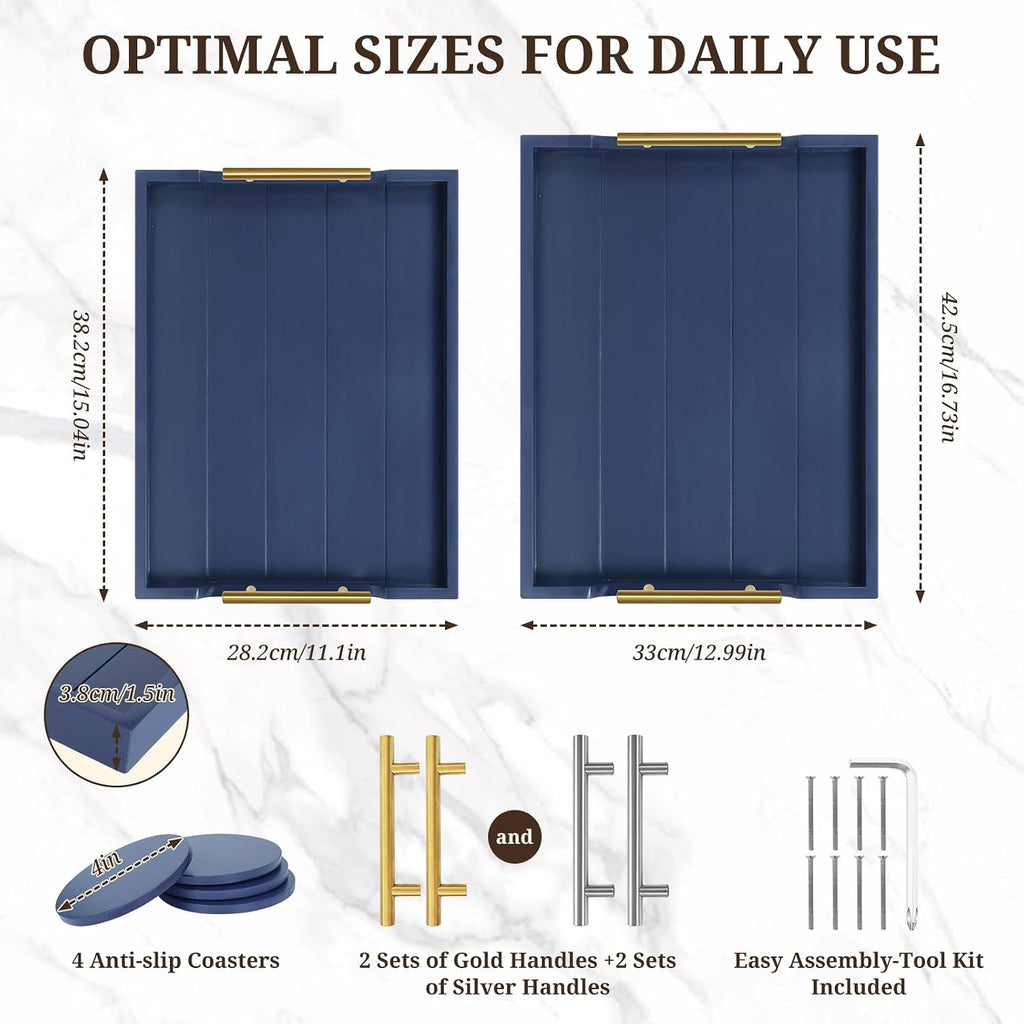 SXNOWS Set of 2 Wood Serving Trays with Gold and Silver Handles