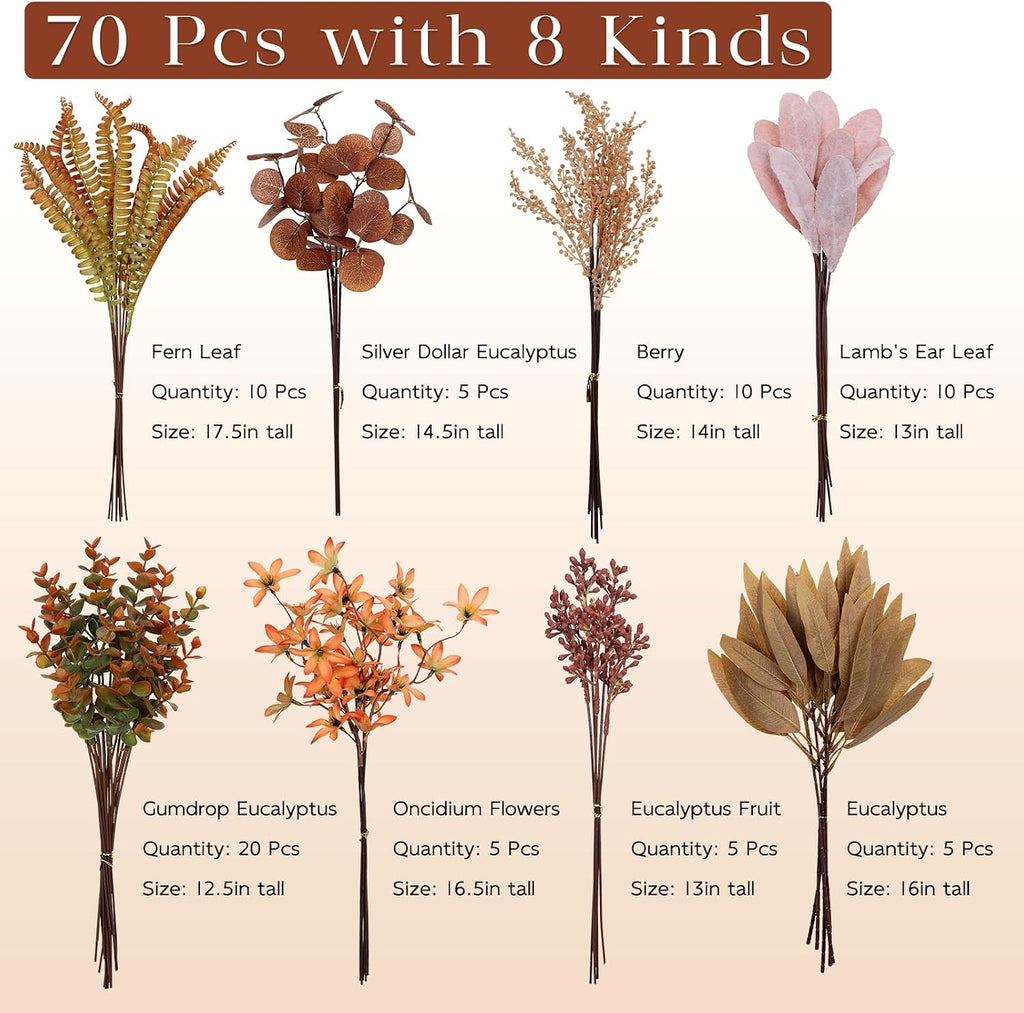 70Pcs 8 Kinds of Fall Artificial Eucalyptus Stems Box Set(Brown&Orange)