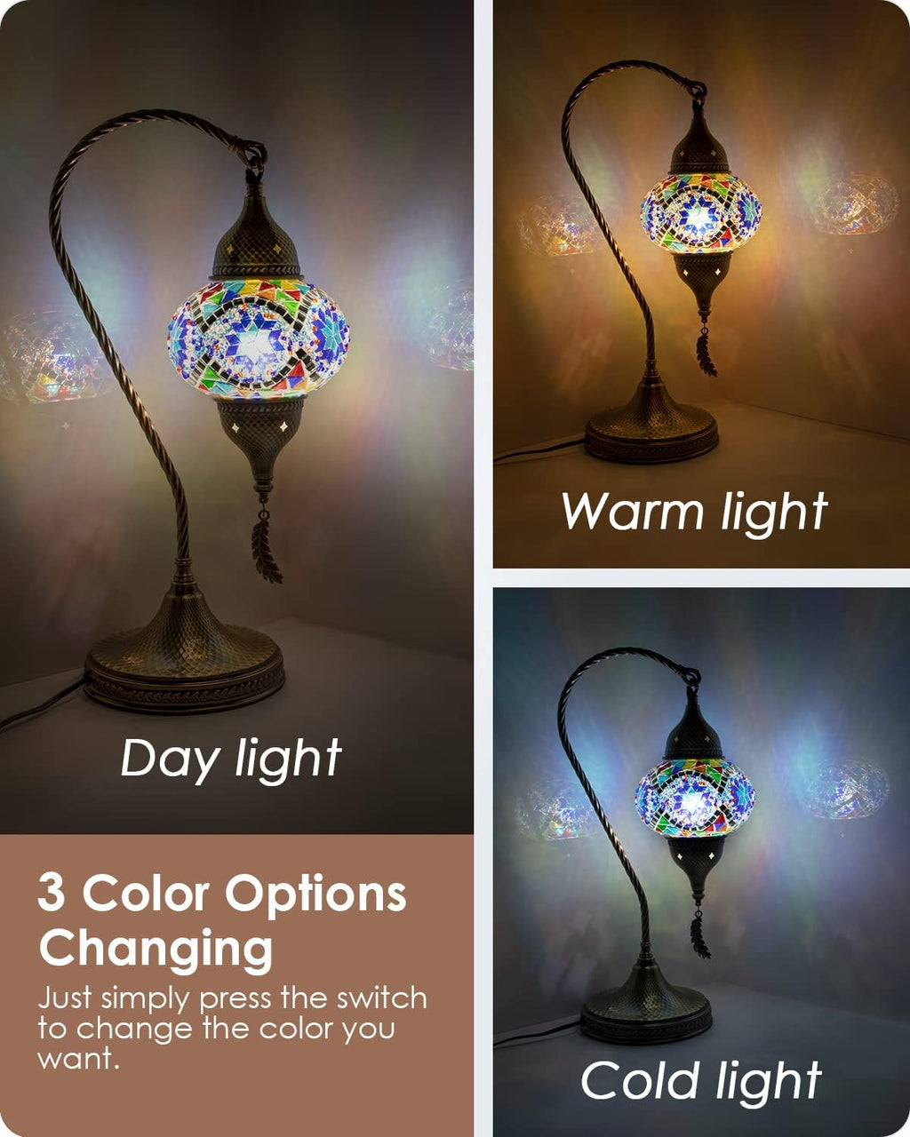 Yarra-Decor Turkish Moroccan Mosaic Table Lamp with Bronze Base - 3 Color Options Handmade Swan Neck Tiffany Mosaic Glass Bedside Lamps for Bedroom, 19" Blue1(LED Bulb Included)