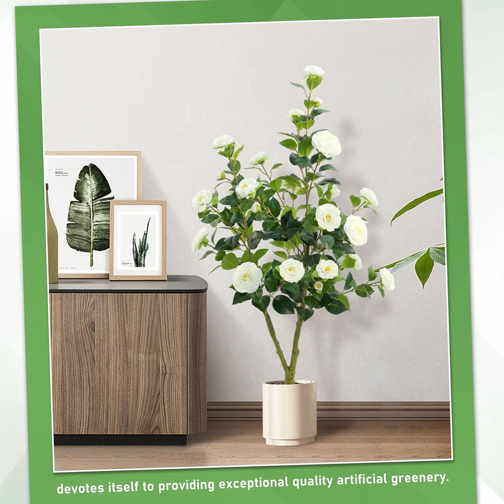 Artificial Camellia Tree, 4FT White Faux Camellia Plant Indoor, Realistic Artificial Tree with Flowers for Home Office Living Room Bedroom Outdoor Porch Patio Yard Garden Housewarming Decor