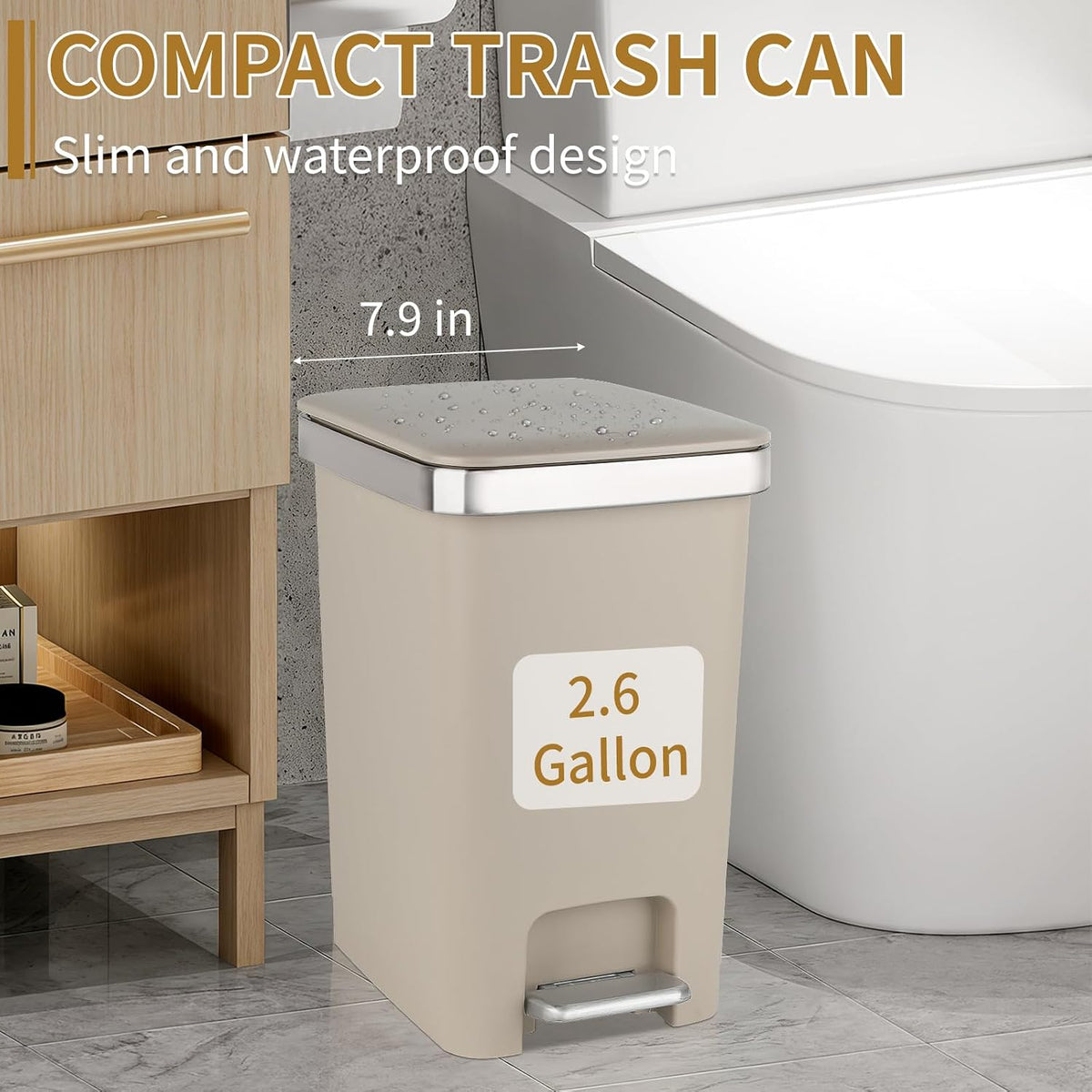 UUJOLY Small Bathroom Trash Can with Lid Step Pedal, 2.6 Gallon, Khaki