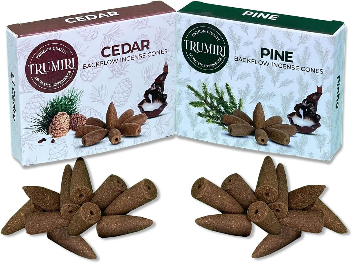 TRUMIRI Backflow Incense Cones - Combo Pack of 20 Incense Cones Waterfall - 10 Cedar + 10 Pine - Incense Backflow Cones - Waterfall Incense Cones - Incense Waterfall Cones