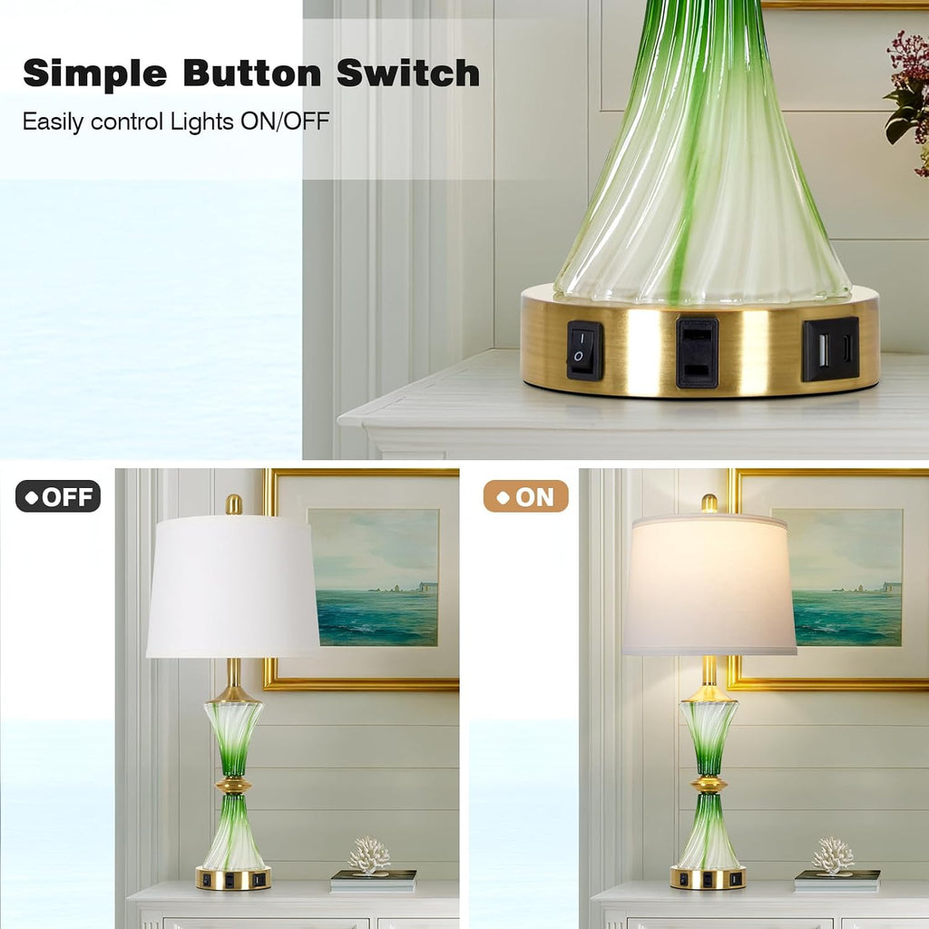 Rinweey Green Glass Table Lamp Set of 2 with USB C+A Ports & AC Outlet, Bedside Lamp, Modern Bedroom Lamps, Coastal Lamp for Night Stands Bedroom Living Room,Nightstand Lamp LED Bulbs Included