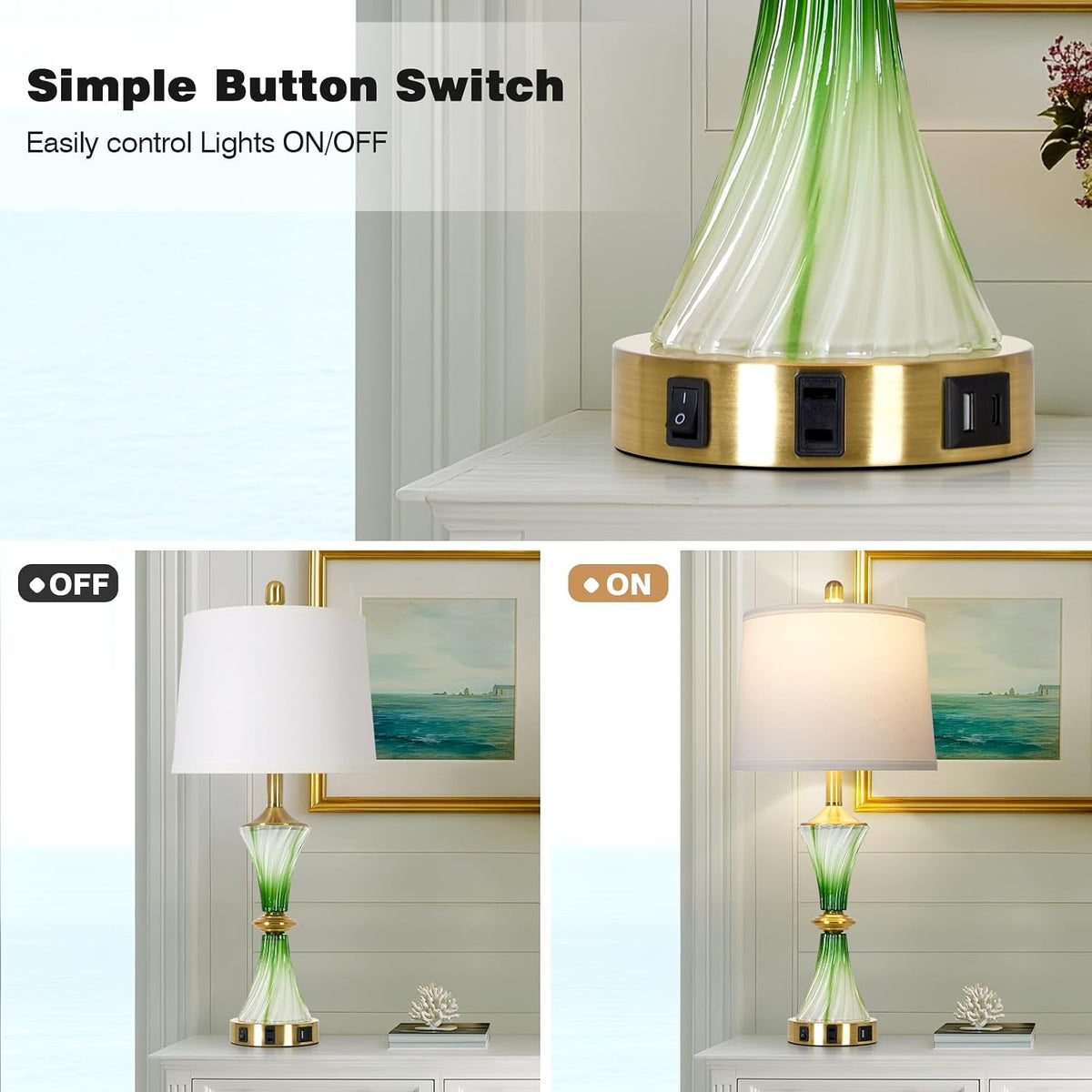 Rinweey Green Glass Table Lamp Set of 2 with USB C+A Ports & AC Outlet, Bedside Lamp, Modern Bedroom Lamps, Coastal Lamp for Night Stands Bedroom Living Room,Nightstand Lamp LED Bulbs Included