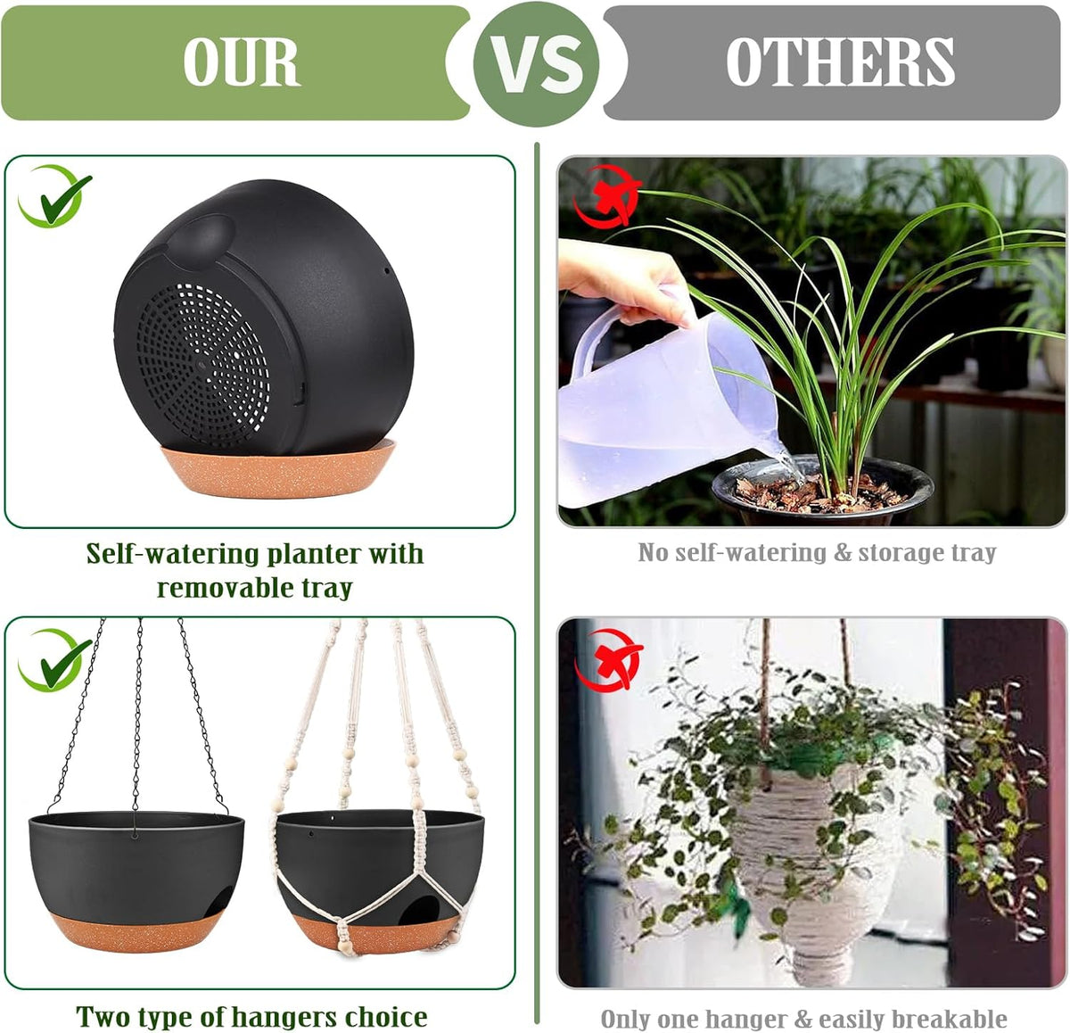 12 Inch Self Watering Hanging Planters with Removable Reservoir, 2 Pack