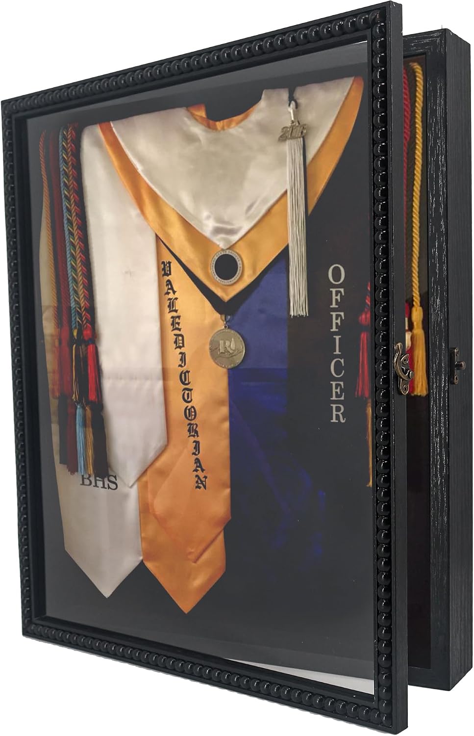 Graduation Shadow Box Frame - 13x16 Frame with Unique Design Beads, HD Glass Window, Metal Lock, Memory Box for Keepsake, Black