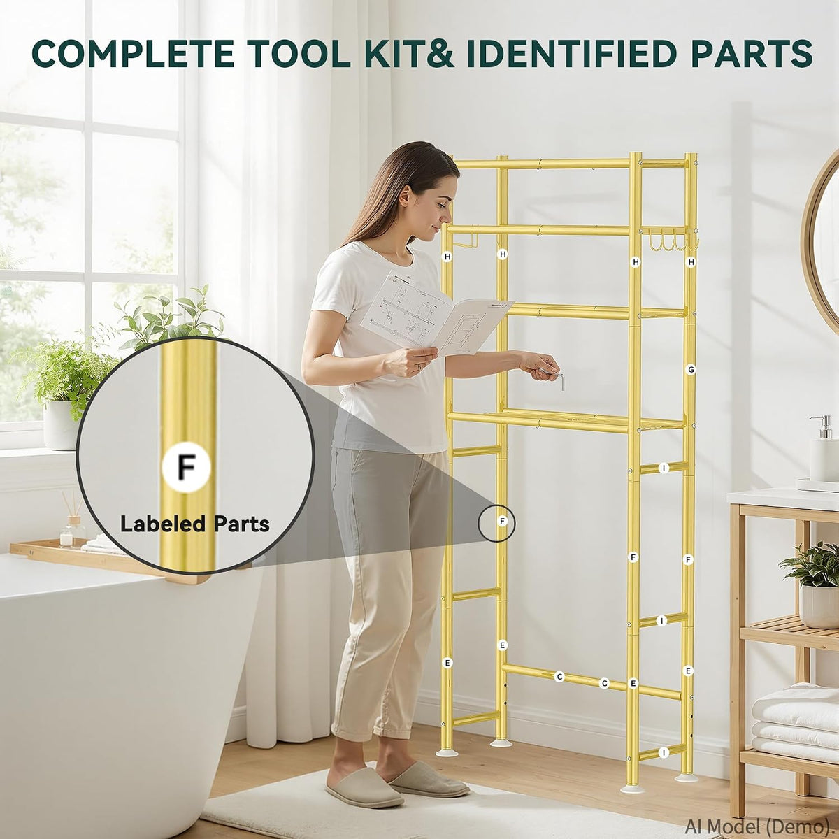 Livilord 3-Tier Over The Toilet Storage Rack, Space Saver Metal Bathroom Shelves, Freestanding Over Toilet Bathroom Organizer for Bathroom/Living Room (Gold)