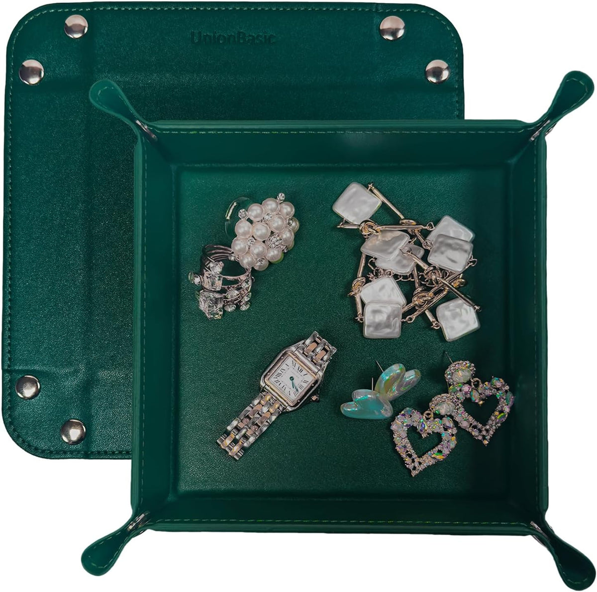 UnionBasic Valet Tray, Jewelry Tray for Rings Watches Earrings, Entryway Catchall Caddy for Coins Keys Change, Nightstand Organizer Bedside Valet Holder, Trays for Electronic Gadgets, Vintage Green