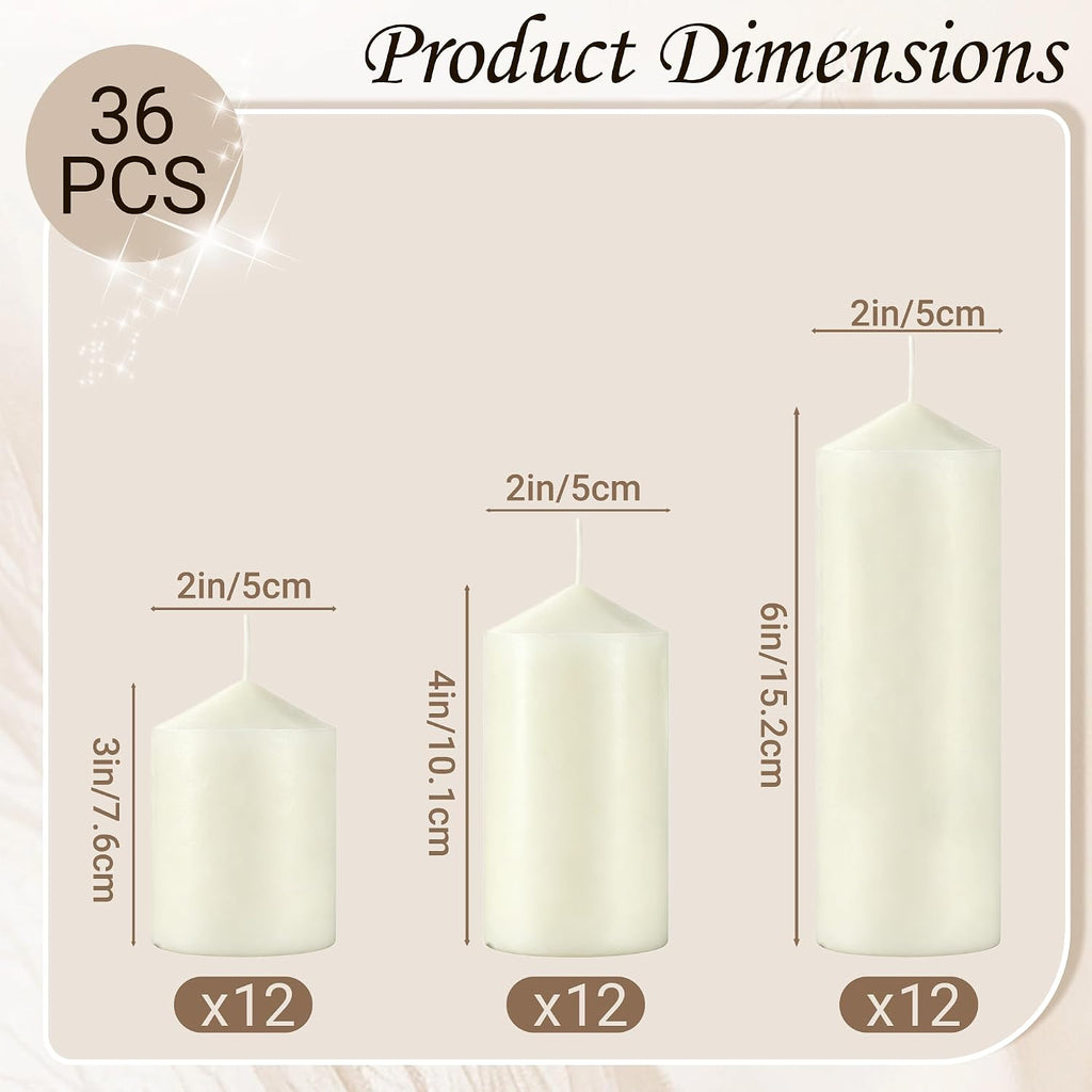36-Pack Ivory White Pillar Candles Bulk Set, 2x3, 2x4, 2x6 Inch