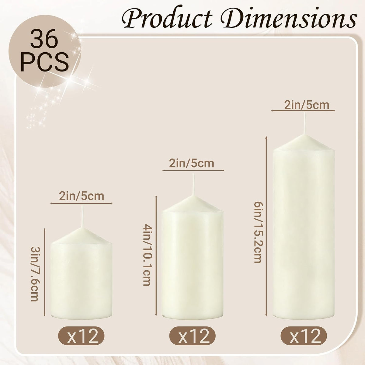 36-Pack Ivory White Pillar Candles Bulk Set, 2x3, 2x4, 2x6 Inch