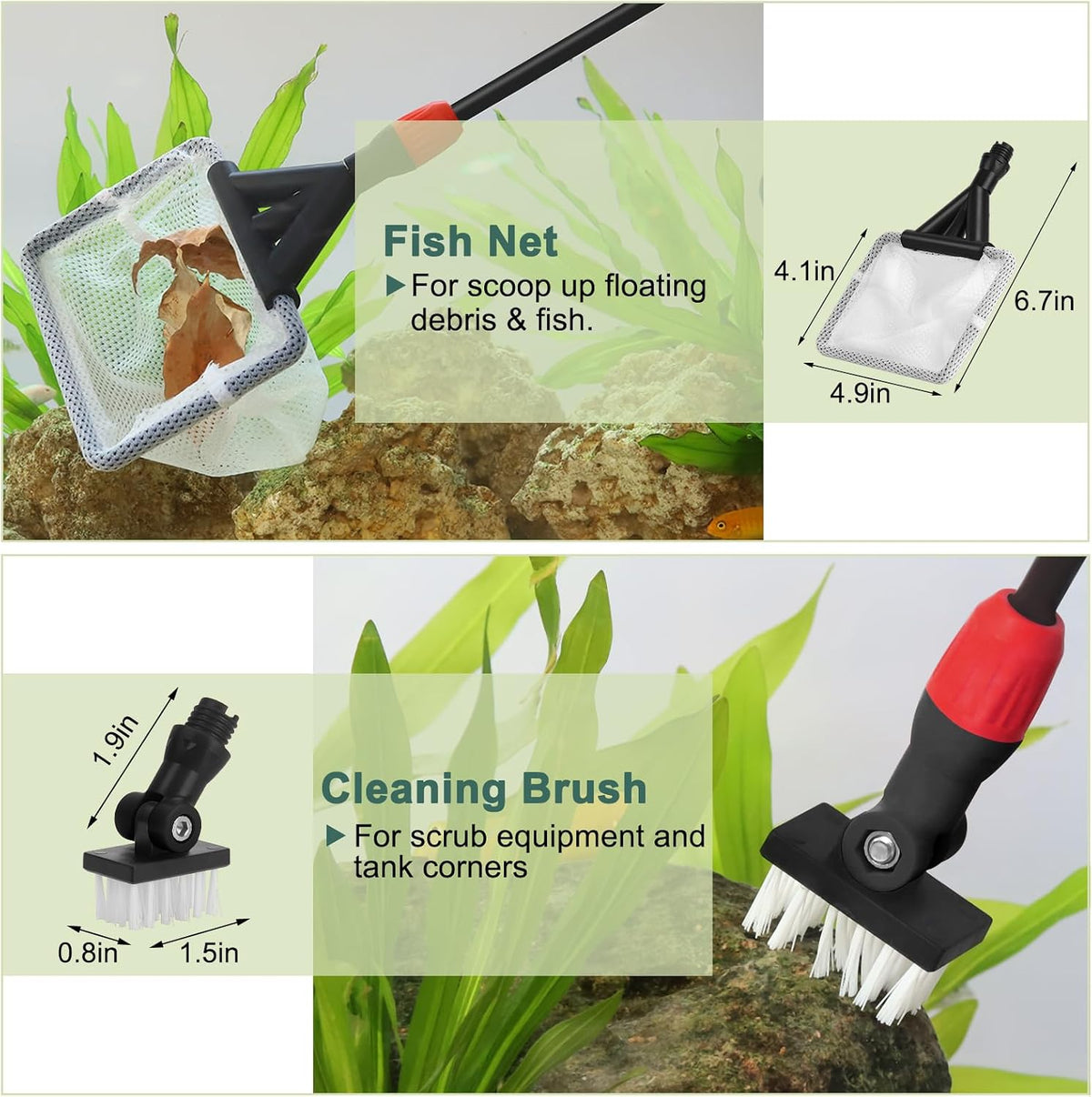 hygger Multi-Use Fish Tank Cleaner, 6 in 1 Aquarium Cleaning Tools Kit with 17.7 Inches Long Handle Algae Scraper Sponge Scrubber Firm Scrub Brush Fish Net Gravel Rake for Acrylic & Glass Tank