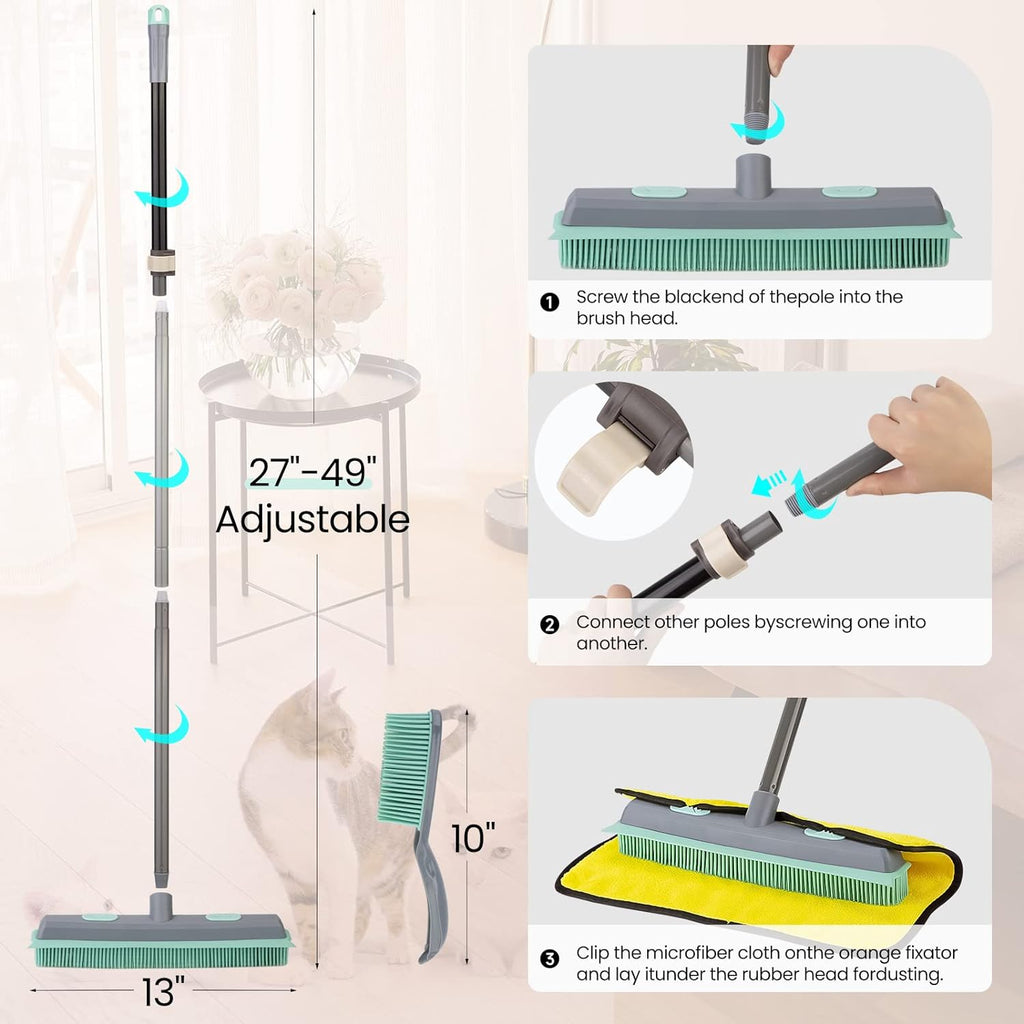 Conliwell Rubber Broom Carpet Rake for Pet Hair, Fur Remover Broom with Squeegee and 18" Professional Microfiber Mop Floor Cleaning System