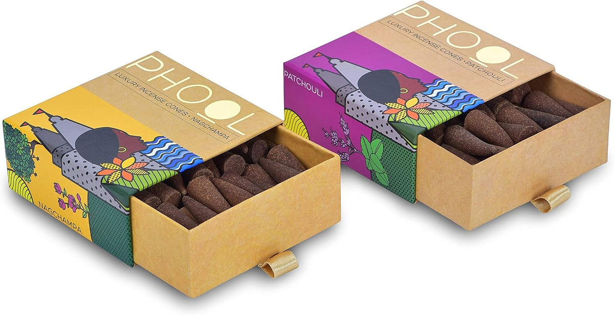 Pack of 2 Natural Incense Cones,Phool Meditation Pack(80 Organic Cones |2 Fragrances:Nagchampa & Patchouli)+1 Free Ceramic Holder |Handrolled |Sulpher & Charcoal Free |100% Organic & Natural 500 GMS