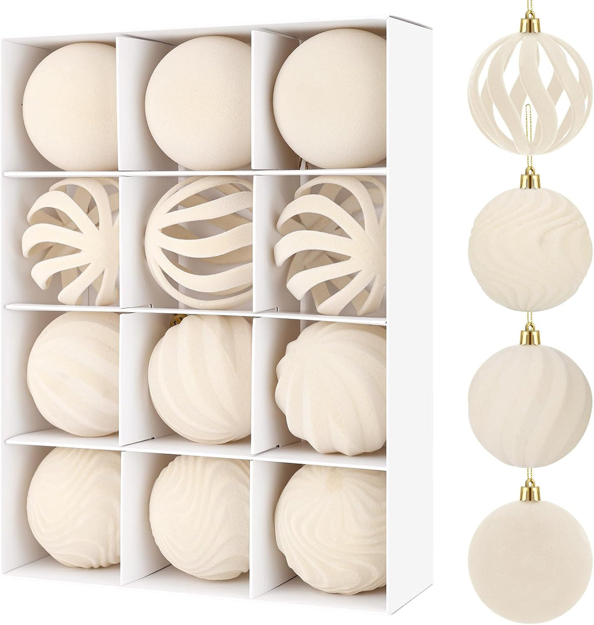 12Pcs 3.15in Velvet Cream Christmas Tree Balls Ornaments (Cream White)