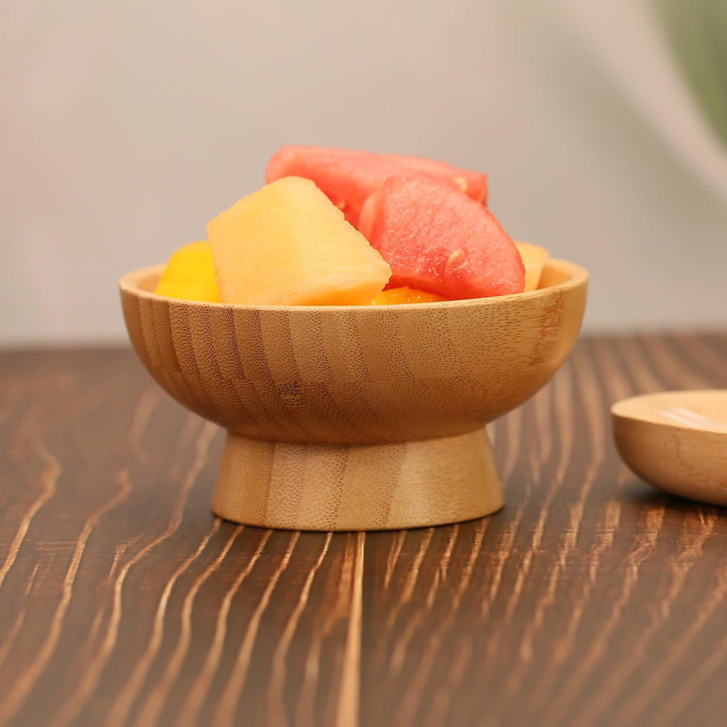 Small Pedestal Fruit Bowls for Kitchen Counter, 6 oz Mini Bamboo Wooden Serving Bowls for Desserts/Snacks/Nuts/Candy, Farmhouse Footed Bowls for Table Decor, 2 pcs