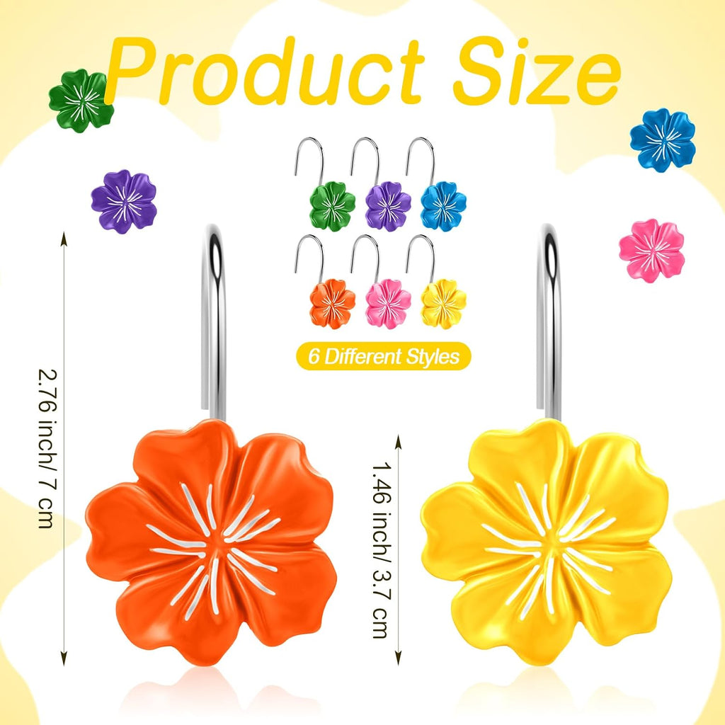 Yungyan 12 Pcs Summer Hawaiian Hibiscus Flower Shower Curtain Hooks Plumeria Flower Shower Hangers Luau Hawaii Curtain Hooks Tropical Decorative Ring for Summer Wedding Bedroom Bathroom Restroom Decor