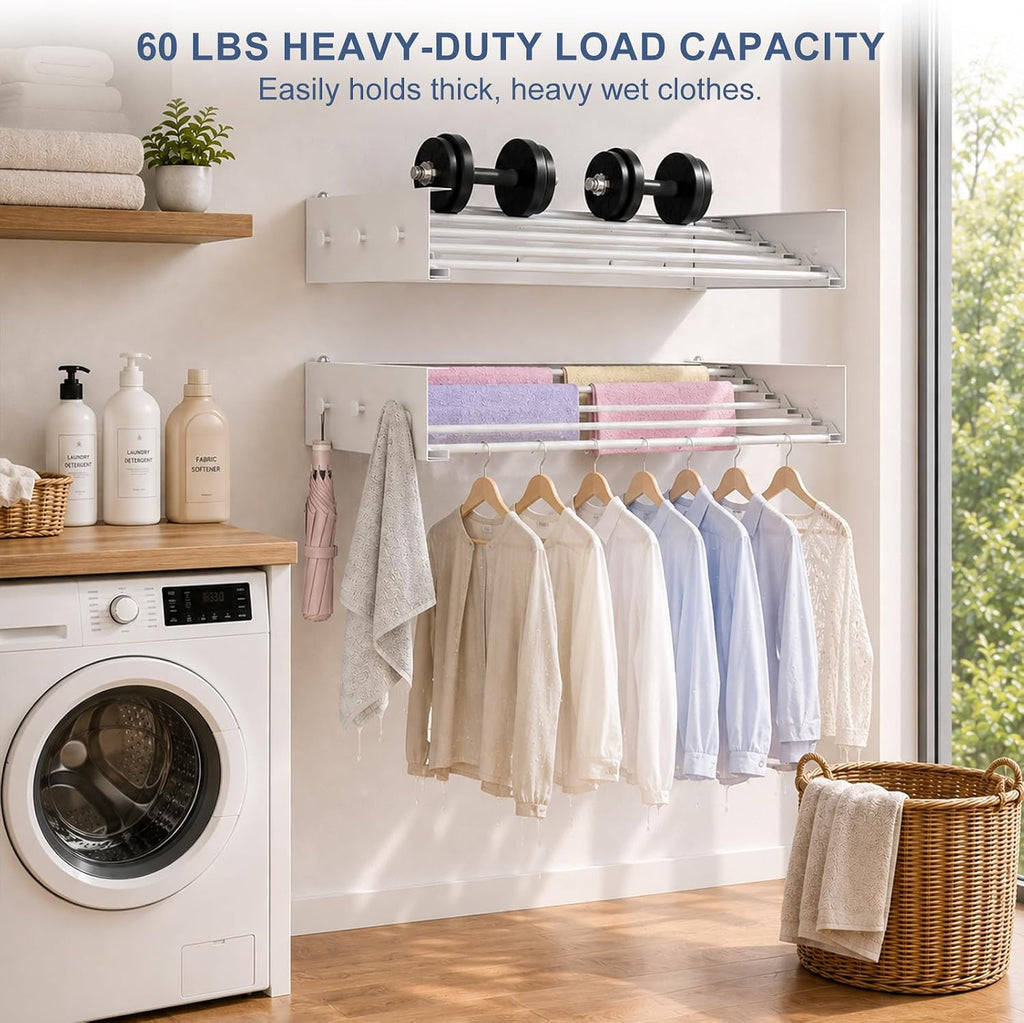 Extra Wide 40 Inch Drying Rack, Wall Mounted Foldable Clothes Drying Rack with 5 Stainless Steel Rods, Space Saving Indoor Laundry Rack for Apartment, Bathroom, and Balcony Home Organization