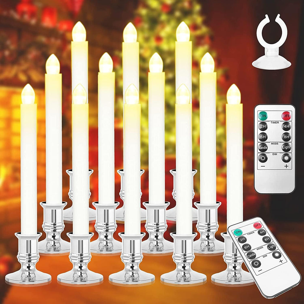 Window Candles 12 Pack Battery Operated with Timer, Flameless, 2 Remote Controls - Christmas Window Lights, Removable Silver Holder and Suction Cup for Home Decorations