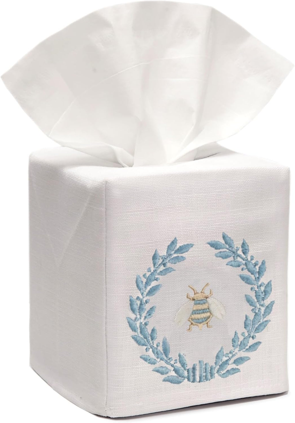 Jacaranda Living Square Tissue Box Cover, Linen/Cotton Fabric Tissue Holder, Decorative Cloth Tissue Cube Cover, Embroidered Bee Designs, Napoleon Bee Wreath (Duck Egg Blue)