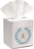 Jacaranda Living Square Tissue Box Cover, Linen/Cotton Fabric Tissue Holder, Decorative Cloth Tissue Cube Cover, Embroidered Bee Designs, Napoleon Bee Wreath (Duck Egg Blue)