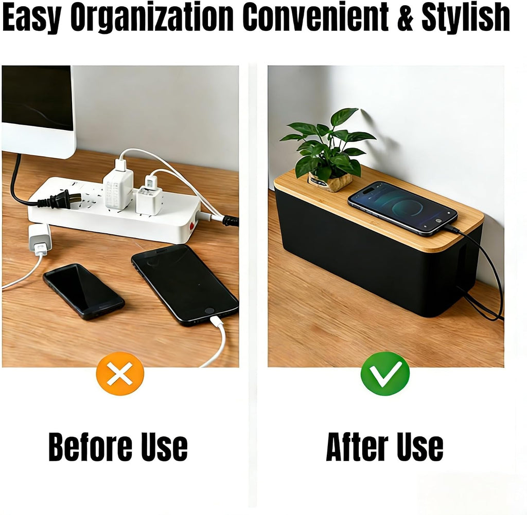 1 Large + 1 Small Cable Management Box Set – 2-Piece Cord Organizer Box, Home Office Desk Wire Storage & Cable Management Solution (Bamboo Lid/Black)