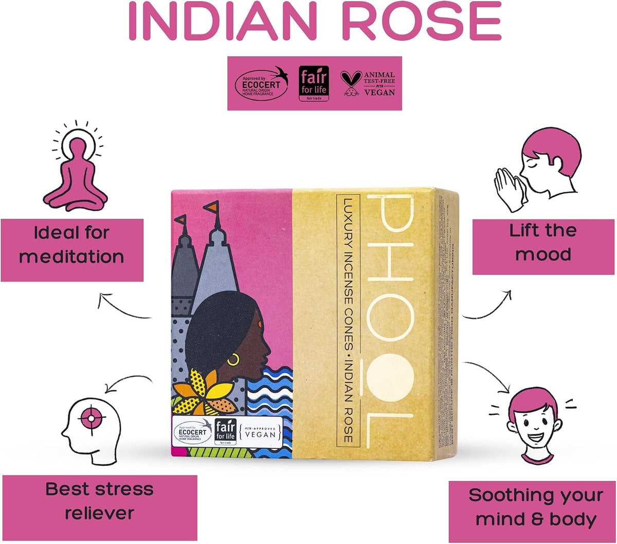 PHOOL LUXURY INCENSE Natural Incense Cones (Bundle Pack of 4) I Special Pack Floral Fragrances - Indian Rose, Tuberose, Lavender, Nagchampa I Organic Dhoop Cones I Chemical & Charcoal Free