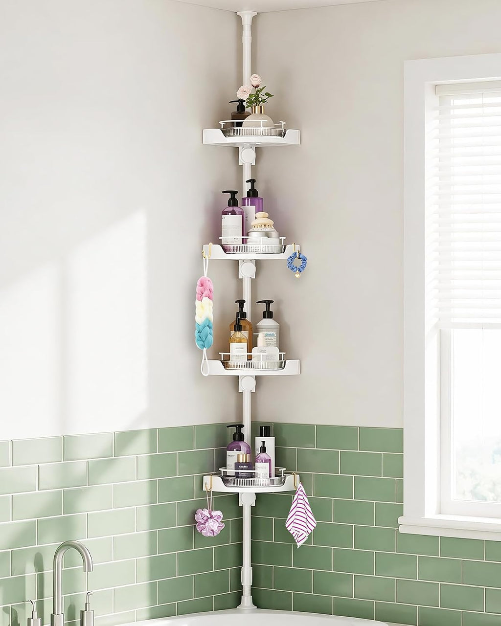 360°Rotating Corner Shower Caddy Organizer Tension Pole,White