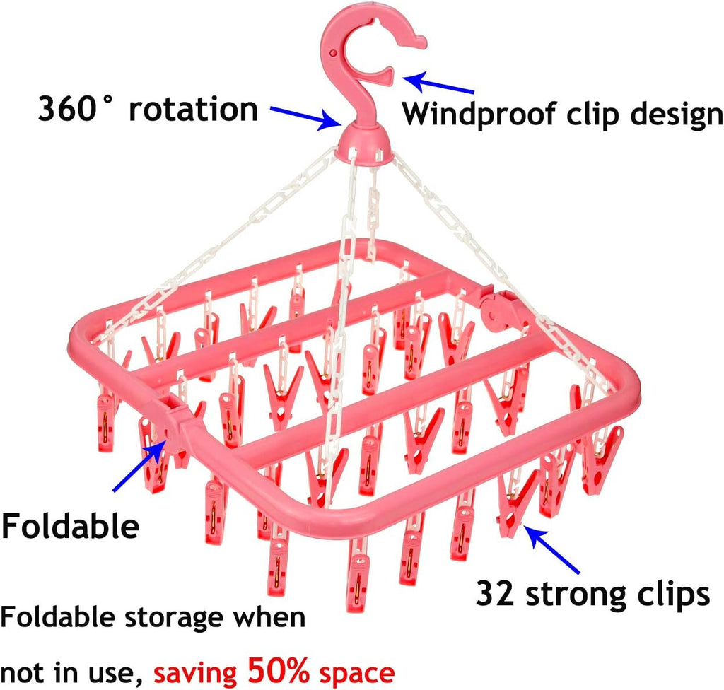 Laundry Hanger with 32 Clips, Foldable Clothes Drying Rack, 360° Rotating Sock Dryer Clip Hanger for Socks, Underwear, Bras, Baby Clothes, Towels, Indoor Outdoor Travel Clothes Drying Rack (Pink)