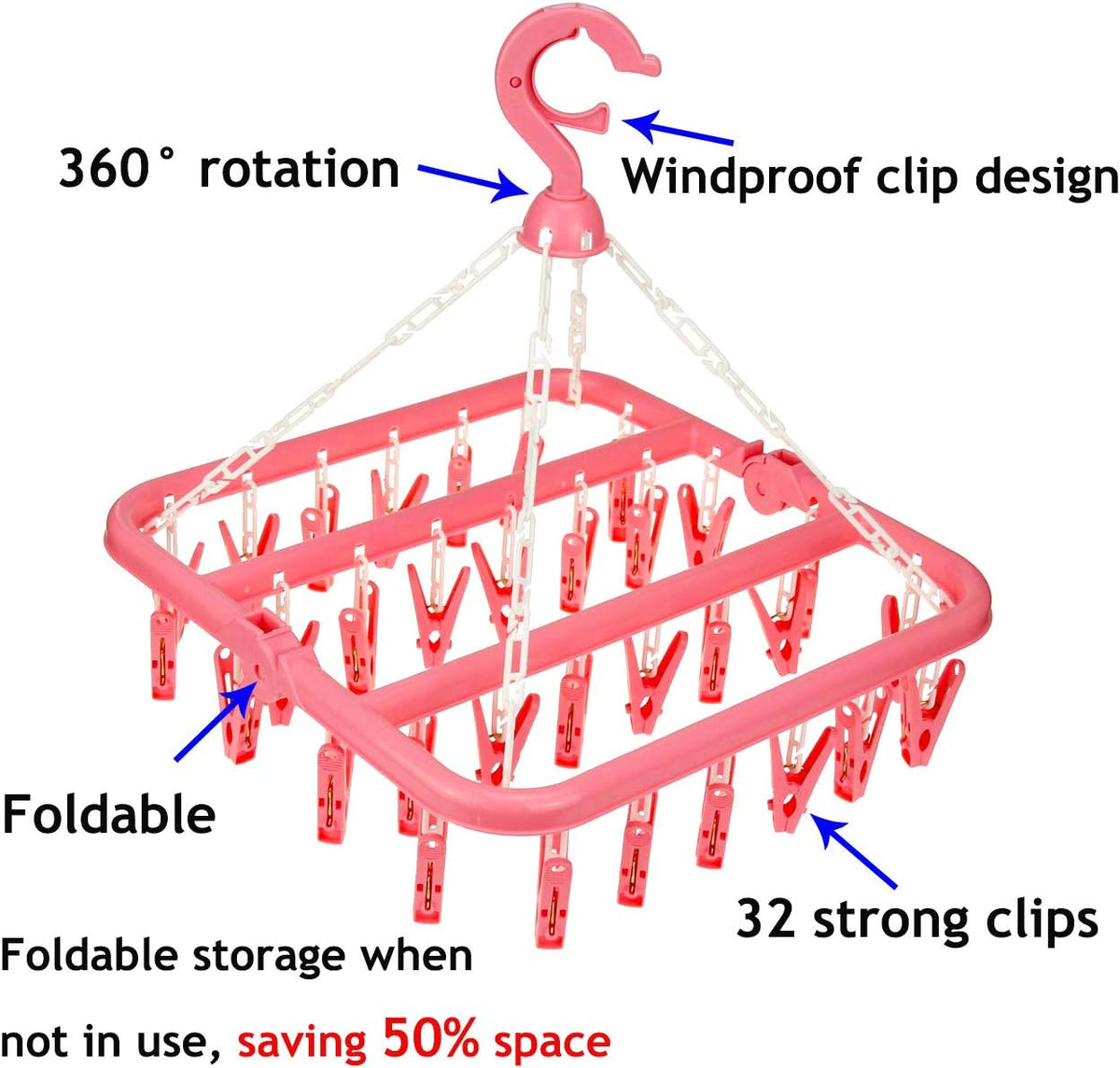 Laundry Hanger with 32 Clips, Foldable Clothes Drying Rack, 360° Rotating Sock Dryer Clip Hanger for Socks, Underwear, Bras, Baby Clothes, Towels, Indoor Outdoor Travel Clothes Drying Rack (Pink)